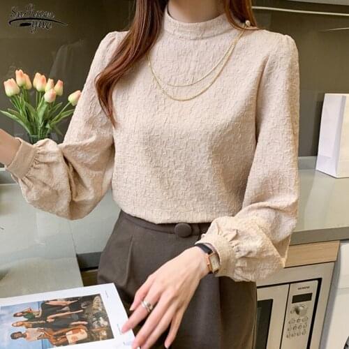 Autumn New Casual Plus Size Stand Collar Female Shirts Elegant Solid Folds Blouse Women Long Sleeve Ladies Clothing Blusas 15907