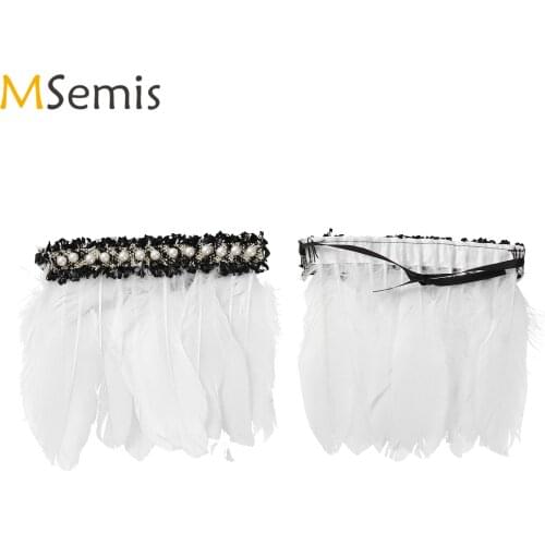 Womens Gothic Feather Wristbands Imitation Pearls Wrist Cuffs Real Natural Feather Wrist Cuffs Bracelet Cosplay Costume Dress Up