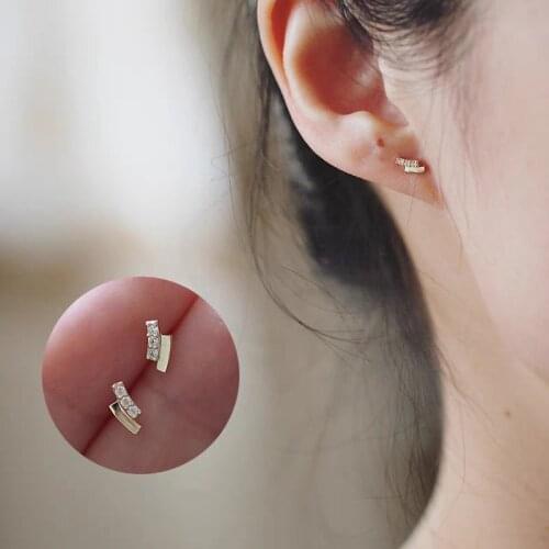 Binmonray 925 Sterling Silver Zircon Simple Design Double Row Arc Stud Earrings Women Geometric Fashion Small Earrings Jewelry