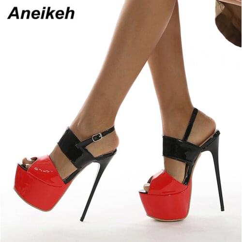 Aneikeh Sexy 17CM NEW Peep Toe Platform Summer Shoes For Women Sandalias High Fashion PUThin Heels Buckle Strap Party Wedding