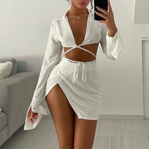 SEASONS Fashion Sexy 2 Two Piece Set Women Turn-down Collar Low Cut Lace-up Crop Top+High Waist Slit Mini Skirts 2021 ASSU83598