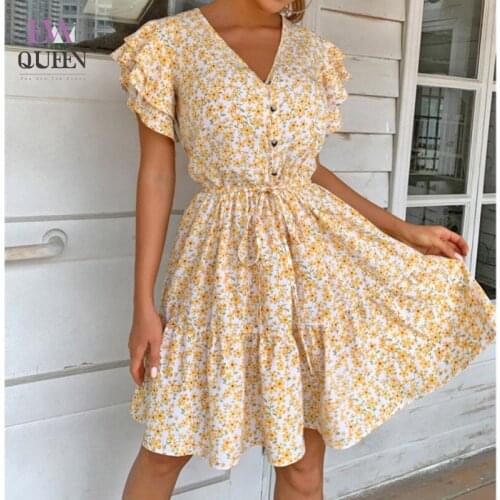 EvaQueen Floral Print Ruched Tie Mini Dress Women V Neck Ruffle Natural Loose Dress V Neck Short Date Casual Summer Vestidos