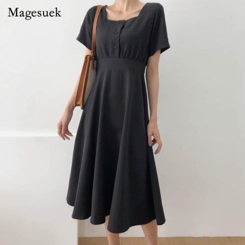 Korean New Women Summer Dress Solid High Waist Square Collar Short Sleeve Dress for Women Casual Maxi Loose Dress Vestido 14140