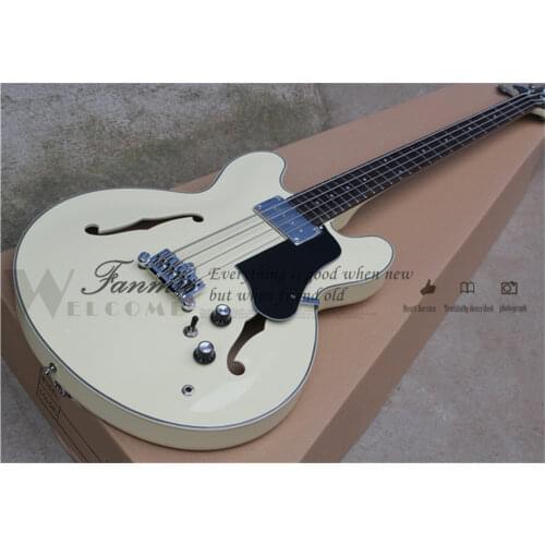 Free shipping 4 string 335 electric bass guitar,semi hollow body,white binding fixed bridge,chrome buttons