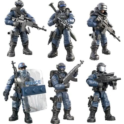 6Pcs/lot New Military Blocks 1:36 SWAT Police Soldier Action Figure with Arms Shield Guns Sets Model DIY Brick Toys for Boy