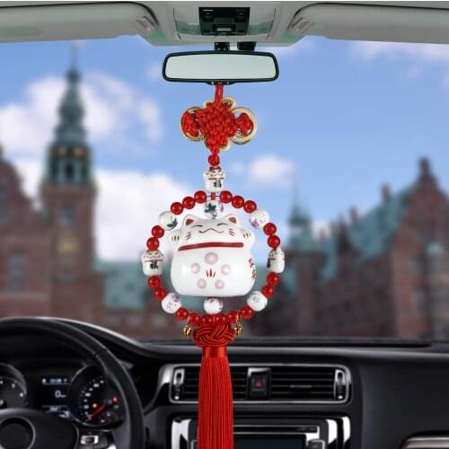 Car Pendant Smiling Lucky Cat Car Rearview Mirror Decoration Cartoon Auto Interior Tassels Ornament Accessory Dangle Trim Gift