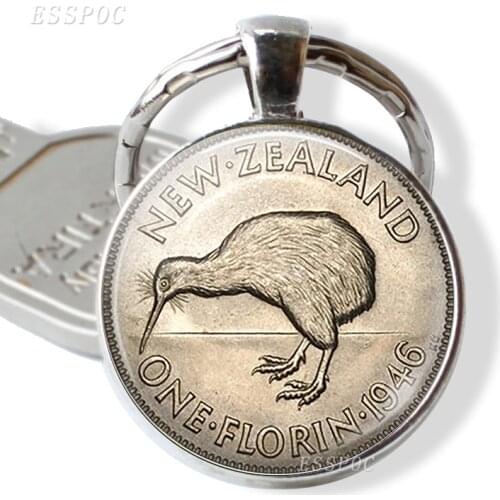 New Zealand Coin Image Key Chain,glass Literary Silver Plated Jewelry, Image of A Vintage New Zealand Florin Bird 1946 Key Ring
