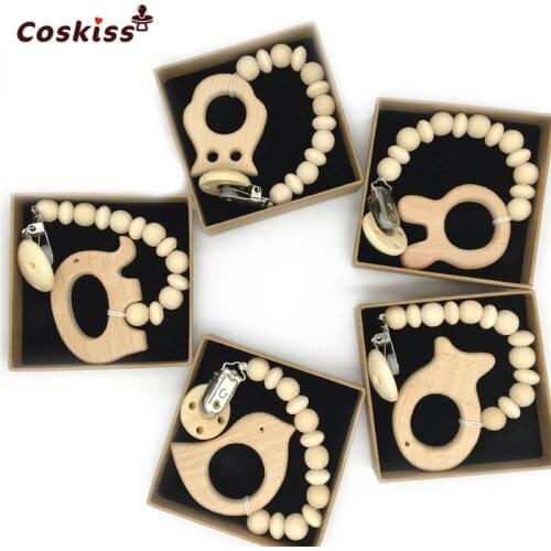 Wood Teether Animal Soothie Clip Beads Teether Baby Teething Toy Pacifier Clip Baby Holder Natural Infant Chew Teether