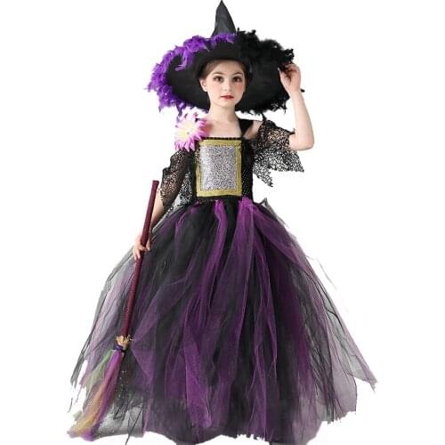 Girls Halloween Witch Cosplay Costumes with Hat Children Carnival Party Dark Devil Theme Cobweb Sleeve Long Dress for Kids Frock