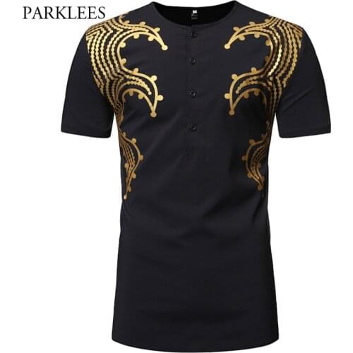 African Dashiki T Shirt Men Summer Short Sleeve Metallic Gold Print Mens T-shirt O Neck Soft Traditional Tribal Tee Shirt Homme