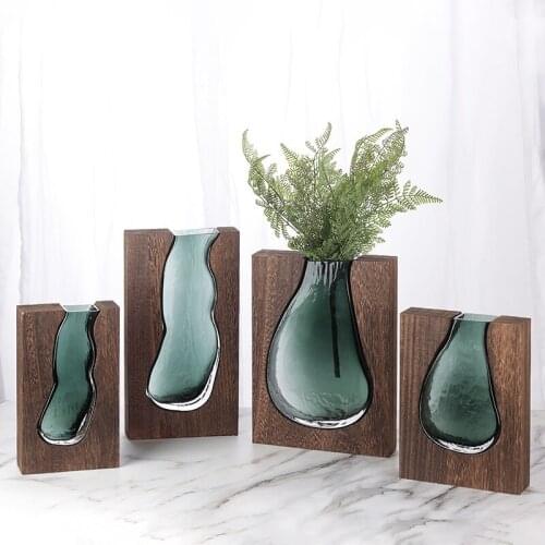 Art Abstract Wooden Glass Vase Bookcase Desktop Decoration Abstract Hydroponic Flower Vase Flower Arrangement Living Room Decor