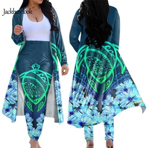 Jackherelook Maori Samoan Polynesian Tribal Turtle Hibiscus Print Womens 2 Piece Outfits Cardigan Tight Skinny Bodycon Long Pant