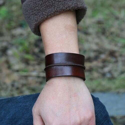 Creative New Design Mens Genuine Leather Bracelet Brown Wide Wrap Wristband Bracelets&Bangles Jewelry