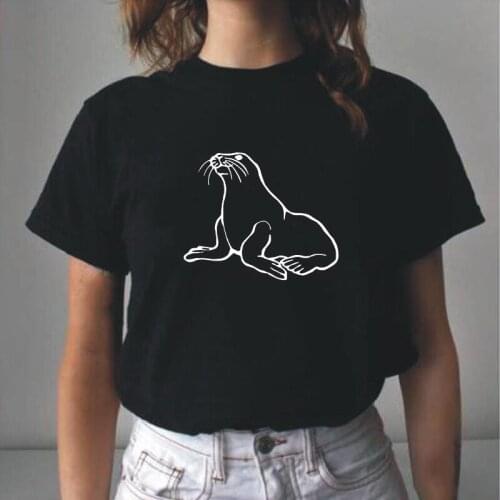 Summer Short Sleeve Cotton Tee Shirt Femme Funny UnderWater Animal Walrus Print T Shirt Women Tops Loose Harajuku Camiseta Mujer