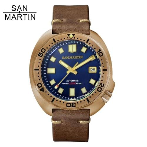 San Martin Bronze Dive Watches Men Mechanical 6105 Watch 200M Water Resistant Genuine Leather Strap reloj hombre marca de lujo