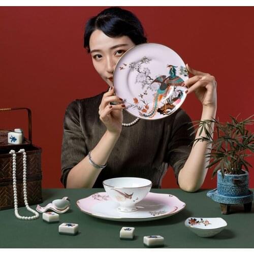 Golden Stroke Ceramic Plate Set Hundred Birds Chaofeng Dining Table Main Course Fruit Salad Dish Kitchen Dinnerware Sets