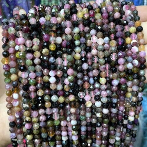Natural 2 3 4mm Faceted Colorful Tourmaline Stone Round Loose Spacer Bead For Jewelry Making DIY Bracelet Accessories 15