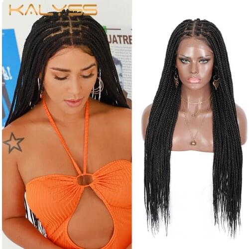 Kalyss 30 Inches Synthetic Hair 13*6 Knotless Box Braids Black Lace Front No-Knot Large Lace Feed-in Braids Wigs for Black Wowen