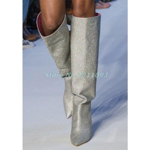 Sequined Cloth Knee High Women Boots Thin High Heel Sexy Pointed Toe Butterfly Knot Solid Silver Purple Shiny Winter Boots