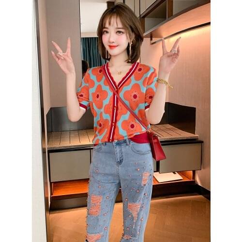 Wave lace front part V - neck flower jacquard knitting cardigan with short sleeves T-shirt girl summer