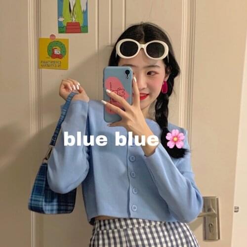 Spring 2020 Women Blue Cardigan Crop Top Ribbed Knitted Long Sleeve Cardigans Short Tops Female Casual Slim Cropped Cardigan