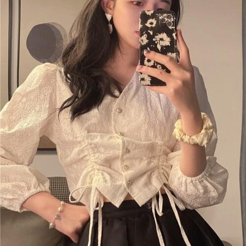 Drawstring Pearl Korean Fashion Spring Autumn Summer WomenS Clothing Vintage Short Sleeved Shirts Blouses Top 2021 Female