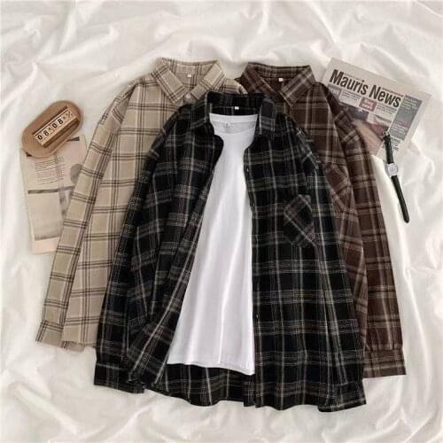 Hstar Vintage Women Plaid Shirt Autumn Long Sleeve Oversize Button Up Tops Korean Loose Casual Fall Outwear Femme Shirts 2021