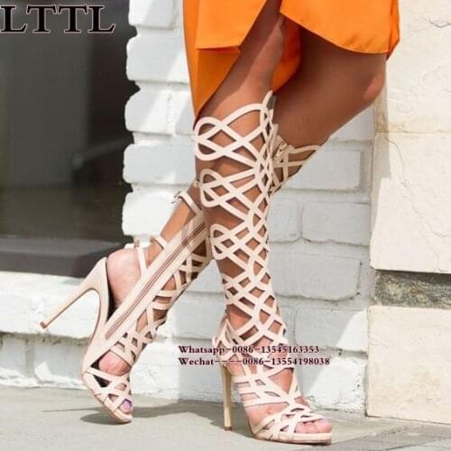Women summer sandals Hollow high heels Black sexy knee high boots fashion Gladiator sandal elegant women high heel Cool boots