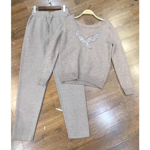 Winter Minkcashmere Eagle Cystal Diamond V Neck Knit Sweater + Warm Woolen Pant Leisure Women 2 Pieces Set Suit