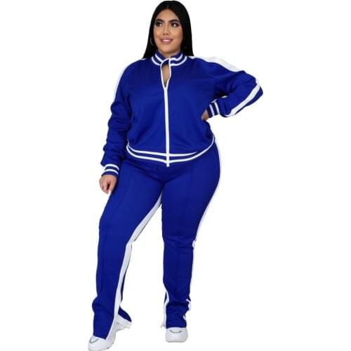 2021 Striped Patchwork Plus Size L-5XL Casual Two Piece Set Fashion Sports Long Sleeve Zipper Top Pencil Pants Tracksuit