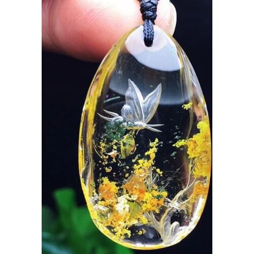 Flower Natural Ghost Crystal Pendant Hand Carved Butterfly Pendants Sweater Chain Necklace Lucky for Women Men Fashion Jewelry