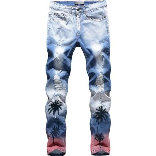 Hip Hop Coconut Tree Digital Printed Jeans Men Washed Slim Fit Designer Jeans Pants Men Big Size Tropical Pattern Denim Jeans