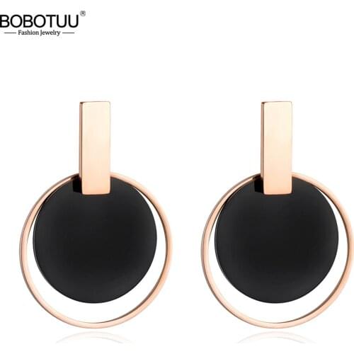 BOBOTUU Black Disc & Rose Gold Circle Earrings For Women Exaggeration Stainless Steel Jewelry Pendientes Mujer Moda BE18089