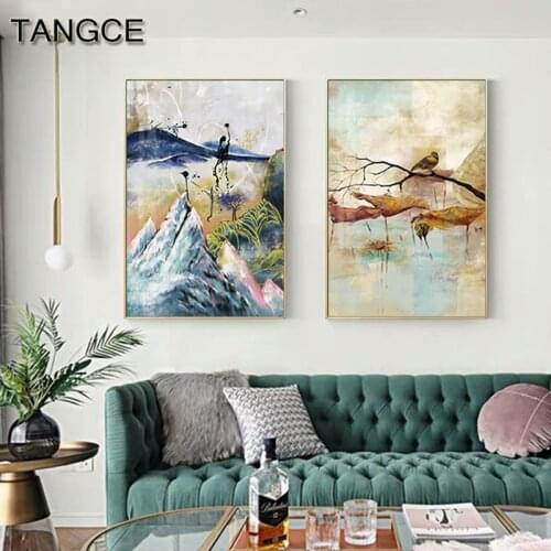 Chinese Wall Picture Japanese Canvas Painting Blue Moutain Yellow Bird Posters Prints Traditional Wall Art for Living Room Decor