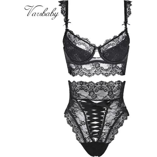 Varsbaby 2Pcs Sexy Floral Lace Underwear Women Large Size Comfortable Bra+High-Waist Panty Lingerie Set