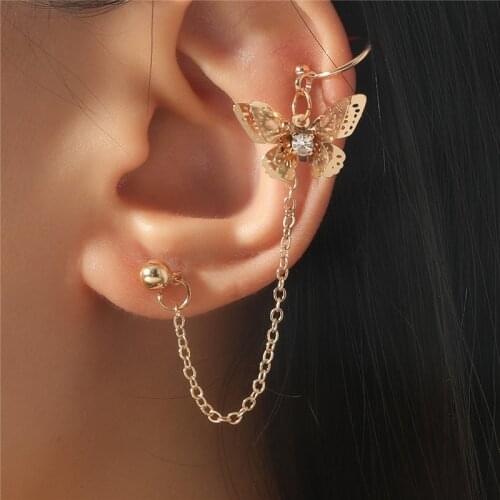 Modyle Korean Elegant Fashion Zircon Butterfly Clip Earrings For Women Gold Color Long Dangle Chain Tassel Ear Jewelry