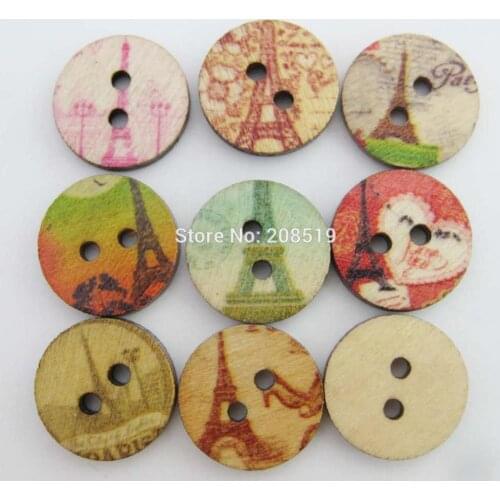 WBNALL Mix size mix patterns Round Buttons 15MM-20MM-25MM 100pcs/lot Printed wooden Button Paris Tower Custom scrapbooking