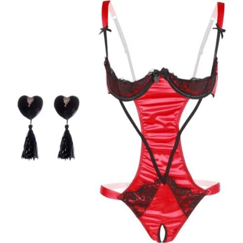 Lace Bow Backless Nightwear Teddy Lenceria Sexi Para Mujer Black Red Women Open Cupless Bra Crotchless Bodysuit Lingerie Sling
