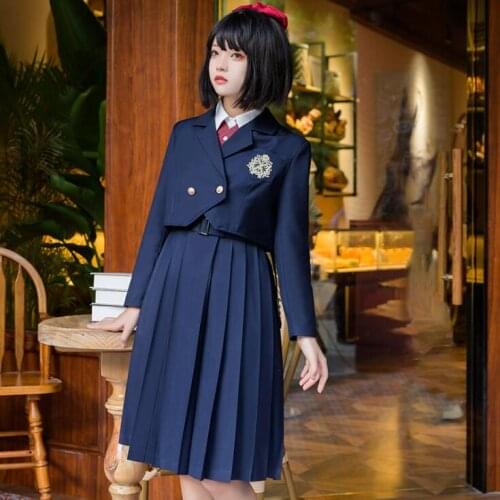 Royal Academy Original Design Cute Japanese Womens JK Uniform 2Pcs Set: Long Sleeves Pleated Dress + Little Coat Dark Blue