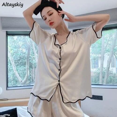 Sexy Pajama Set Women Short Sleeve Solid Simple Summer Ladies Sleepwear Loose Retro Leisure Comfortable Chic V-neck Vintage Chic
