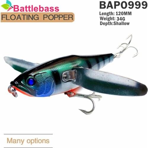 BATTLEBASS 12cm 34g Topwater Popper Bait Fishing Lure Hard Body Stainless Steel Wings Floating Wobbler Swimbait Fishing Tackle