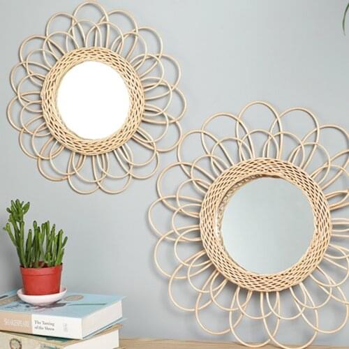 Rattan Innovative Art Decoration Round Makeup Mirror Dressing Bedroom Bathroom Wall Hanging Mirrors