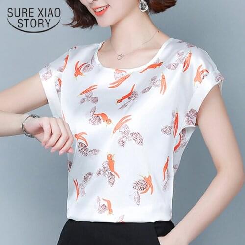 2021 Summer Womens Shirts Printed Silk Tops Chemisier Femme Korean Plus Size 4XL Blouse Women Short Sleeve Clothes 9452 50