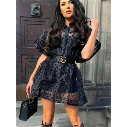 Mesh Polka Dot Shirt Dress Sexy See-through Women Sheer Mini Dress Fashion Batwing Sleeve Lace-up Waist Dress Flare Mini Dress