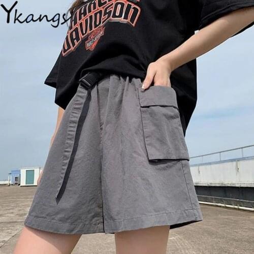 Summer with Belt Big Pocket Aesthetic Biker Black Cargo Sweat Shorts Korean Streetwear High Waist Harajuku Joggers Women Shorts
