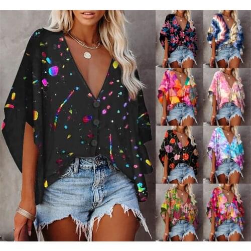 Women Tops T-Shirts 2021 Summer Elegant Short Sleeve Print V-Neck Streetwear button Shirts Plus Size Tops 5XL Mujer Blusa