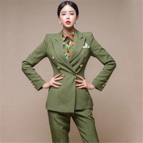 Runway Fashion Green Women Blazer Set Double-breasted Slim Jacket +Pencil Pant Female Pant Suit 2 Piece Set Ladies Work Suit