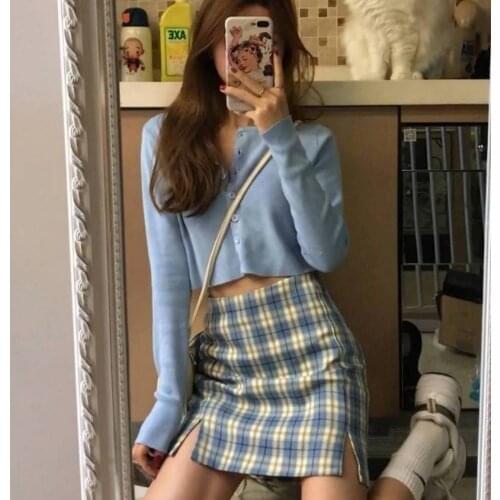 Fashion Skirt Set Women 2020 Fall High Waist Checked Skirt Long Sleeve Knitted Top Two Set
