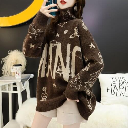 2021 Autumn Turtleneck Knitted Sweater Pullover Korean Loose Letters and Space Pattern Casual Black Knitwear Jumper Pull Femme