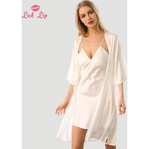 Lick Lip Sexy V-Neck Bathrobe Dress Suit Women White Blue Satin Nightwear Kimono Robe Femme Backless Girls Sleepwear SWC4954-47